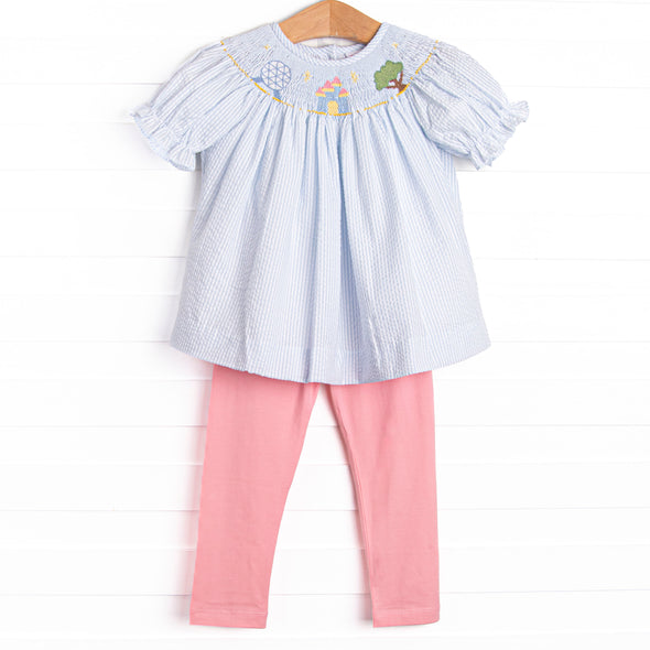 Amusement Park Adventures Smocked Legging Set, Blue Seersucker