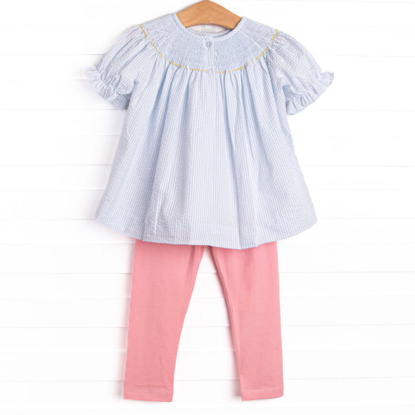 Amusement Park Adventures Smocked Legging Set, Blue Seersucker
