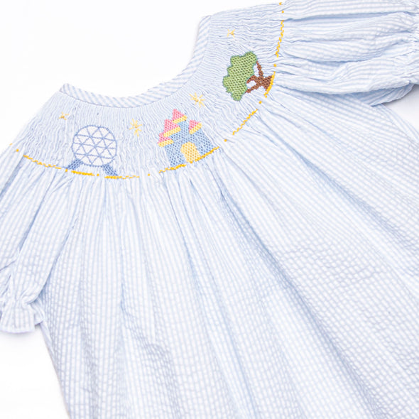 Amusement Park Adventures Smocked Legging Set, Blue Seersucker