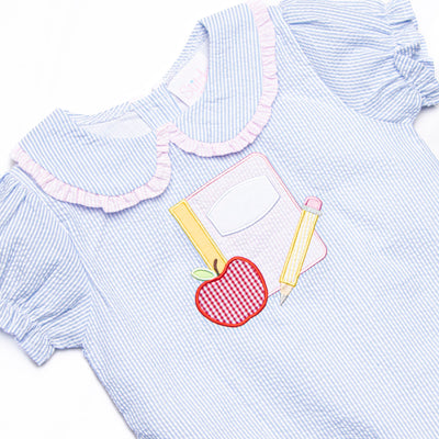 Composition Cutie Applique Ruffle Short Set, Blue Seersucker