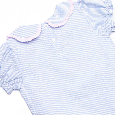 Composition Cutie Applique Ruffle Short Set, Blue Seersucker