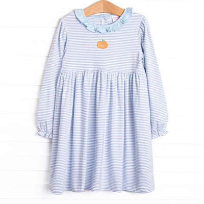 This precious dress&nbsp; features blue stripes, a pumpkin embroidery, and the softest Pima cotton.