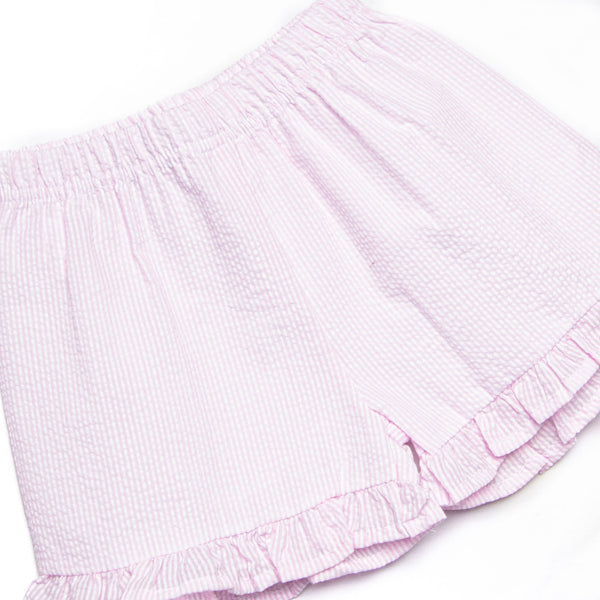 Composition Cutie Applique Ruffle Short Set, Blue Seersucker