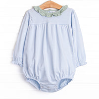 This cozy knit favorite is a staple for every little girl's closet. Featured here in blue stripes and green ruffle collar add adorable details!