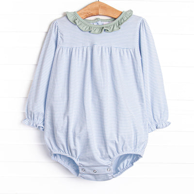 This cozy knit favorite is a staple for every little girl's closet. Featured here in blue stripes and green ruffle collar add adorable details!