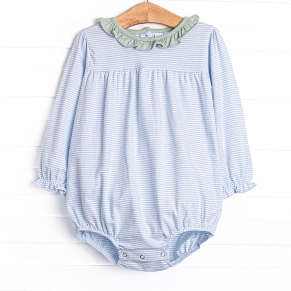 This cozy knit favorite is a staple for every little girl's closet. Featured here in blue stripes and green ruffle collar add adorable details!