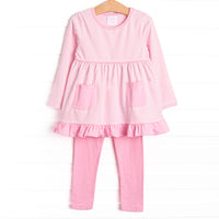 This set features a medium pink stripes, pink ruffles, and matching pink leggings.