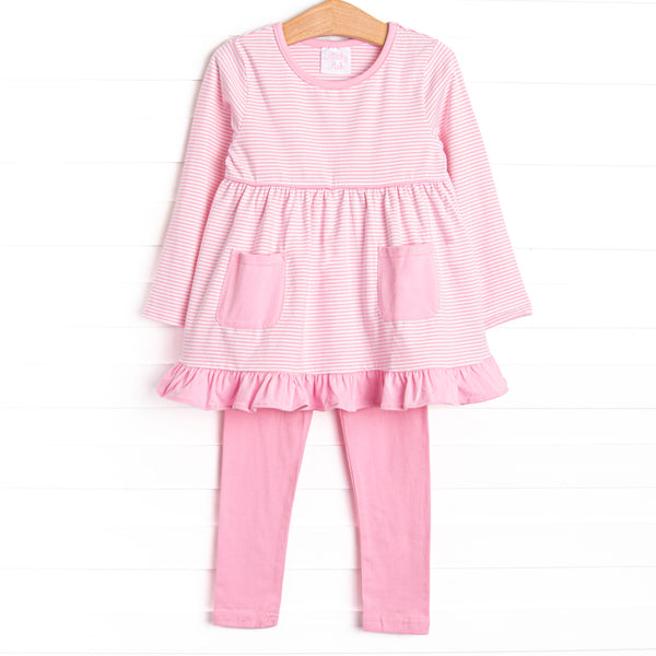 This set features a medium pink stripes, pink ruffles, and matching pink leggings.