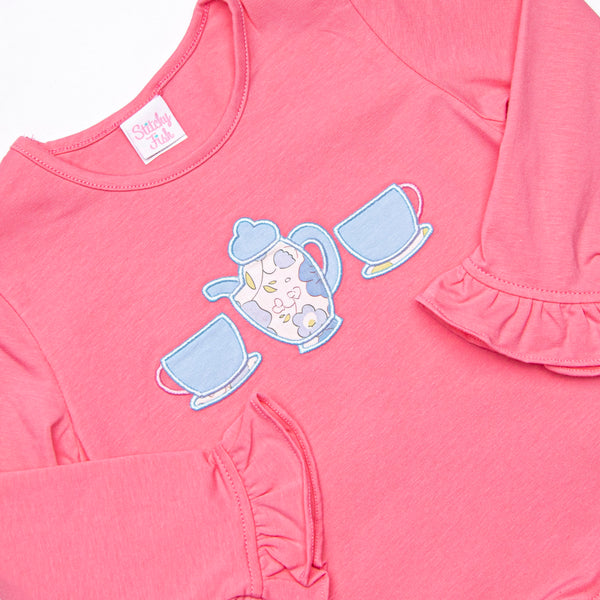 Tea For Two Applique Legging Set, Pink