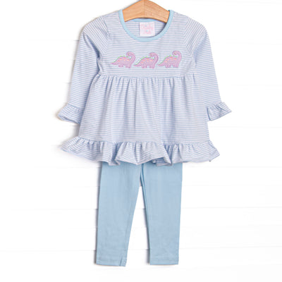 This set features a blue striped top with a dinosaur applique and blue leggings to match.