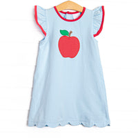 An Apple a Day Applique Scalloped Dress, Blue and Red