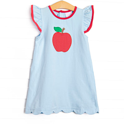 An Apple a Day Applique Scalloped Dress, Blue and Red
