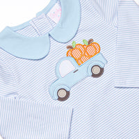 Pumpkin Pickup Applique Short Romper, Blue Stripe