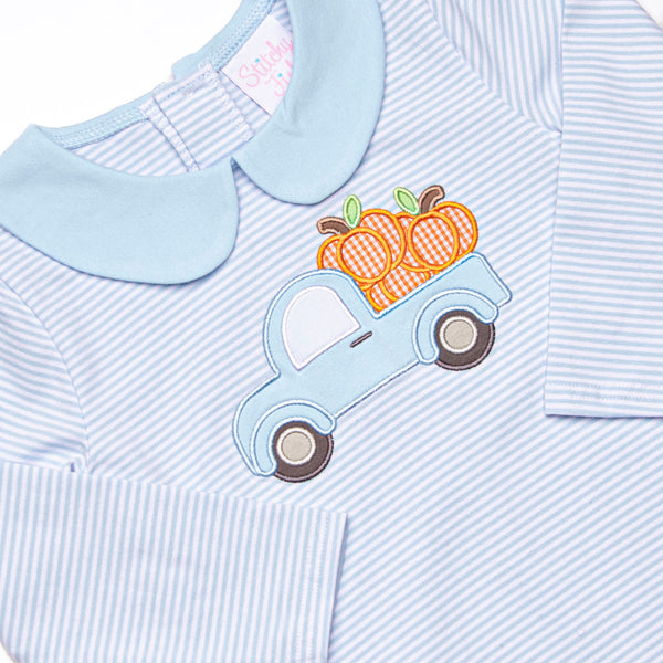 Pumpkin Pickup Applique Short Romper, Blue Stripe
