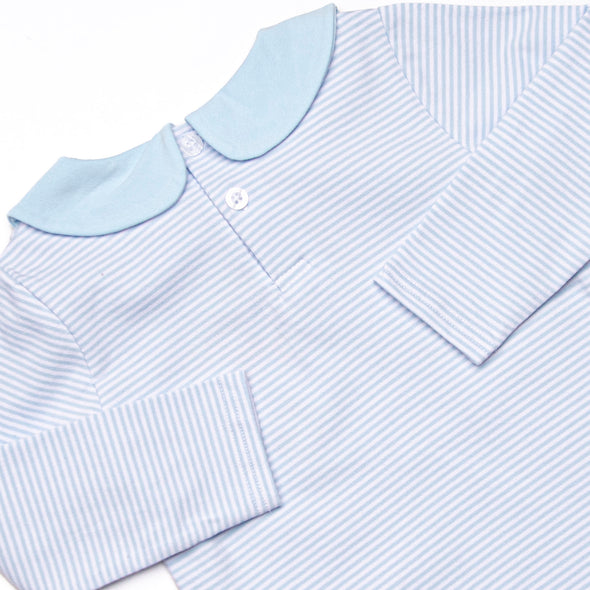 Pumpkin Pickup Applique Short Romper, Blue Stripe