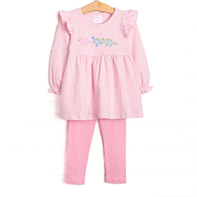 This set features pink knit fabric, dinosaur appliques, and flutter sleeves. 