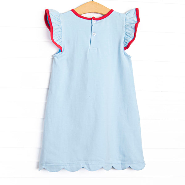 An Apple a Day Applique Scalloped Dress, Blue and Red