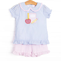 Composition Cutie Applique Ruffle Short Set, Blue Seersucker