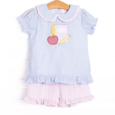 Composition Cutie Applique Ruffle Short Set, Blue Seersucker