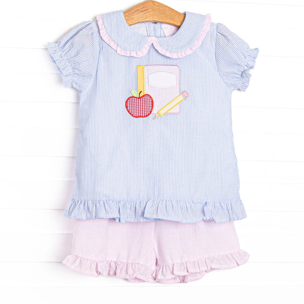 Composition Cutie Applique Ruffle Short Set, Blue Seersucker