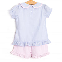 Composition Cutie Applique Ruffle Short Set, Blue Seersucker