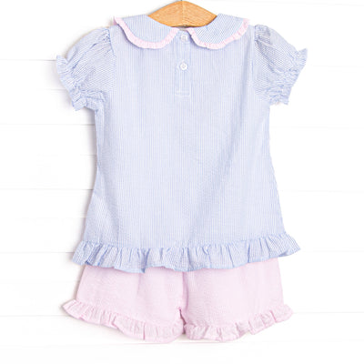 Composition Cutie Applique Ruffle Short Set, Blue Seersucker