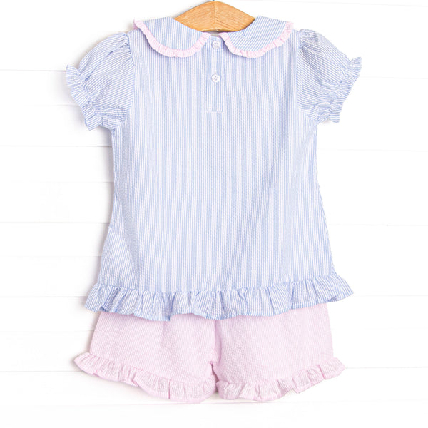 Composition Cutie Applique Ruffle Short Set, Blue Seersucker