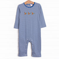 This precious romper features blue stripes, a mallard embroidery, and the softest pima cotton.
