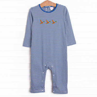 This precious romper features blue stripes, a mallard embroidery, and the softest pima cotton.
