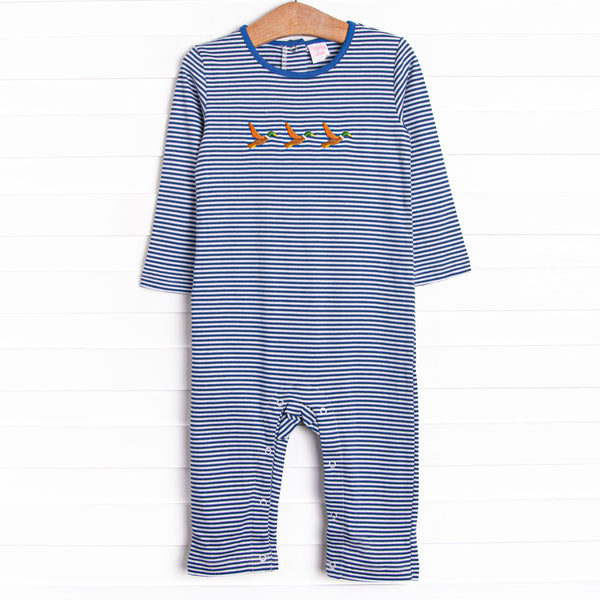 This precious romper features blue stripes, a mallard embroidery, and the softest pima cotton.