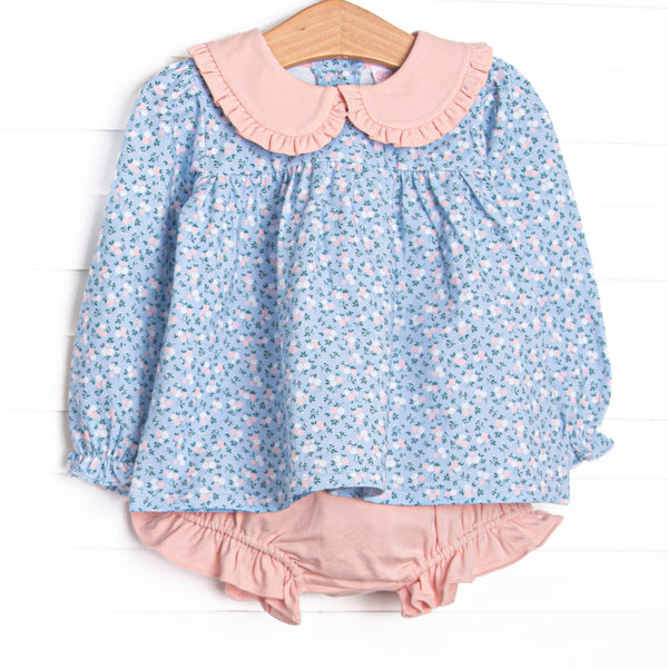 This set features a blue floral print, a pink Peter Pan collar, and long sleeves. Coordinating pink diaper cover to match.