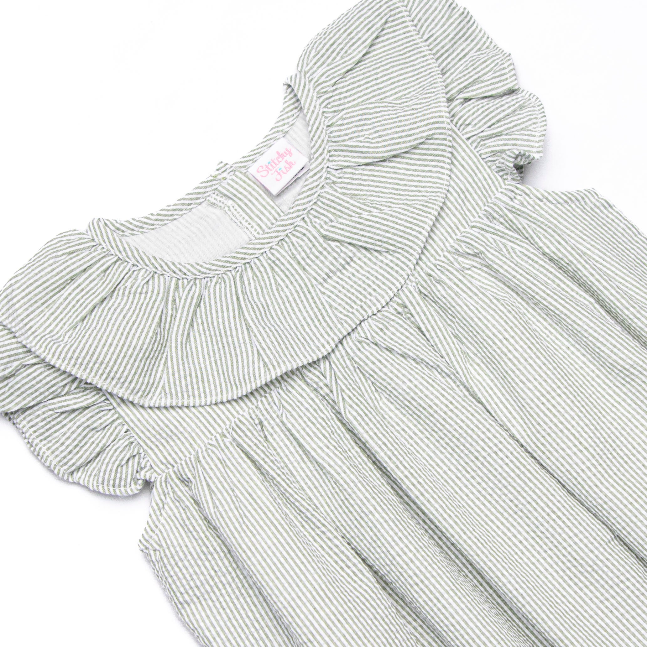 Girl's Simple Seersucker Ruffle Dress in Sage Green size 6 | Stitchy Fish Girl's Simple Seersucker Ruffle Dress in Sage Green size 6 | Stitchy Fish