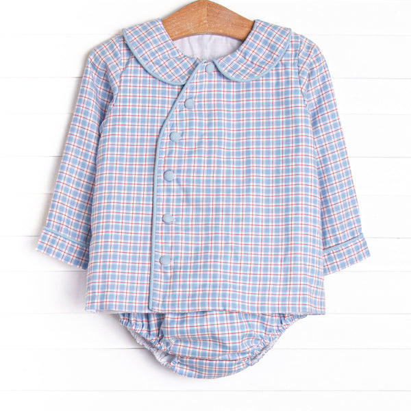 Bleu: Foster Long Sleeve Diaper Set, Red and Blue Plaid