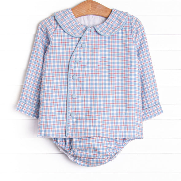 Bleu: Foster Long Sleeve Diaper Set, Red and Blue Plaid