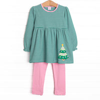 This set features a green striped print, a Christmas tree applique, and coordinating pink leggings to match.