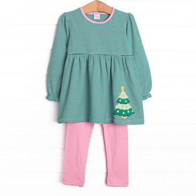 This set features a green striped print, a Christmas tree applique, and coordinating pink leggings to match.