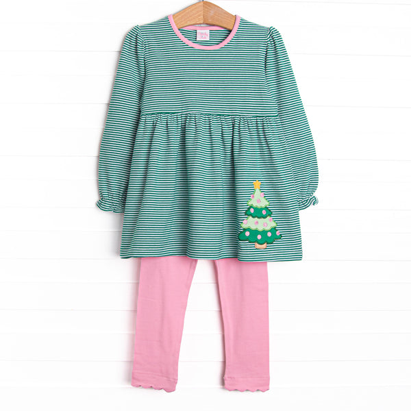 This set features a green striped print, a Christmas tree applique, and coordinating pink leggings to match.