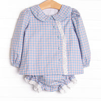 Bleu: Frances Long Sleeve Diaper Set, Blue and Red Plaid