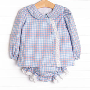 Bleu: Frances Long Sleeve Diaper Set, Blue and Red Plaid