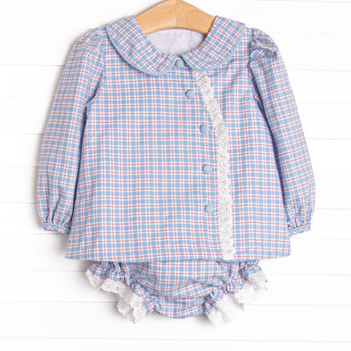 Bleu: Frances Long Sleeve Diaper Set, Blue and Red Plaid