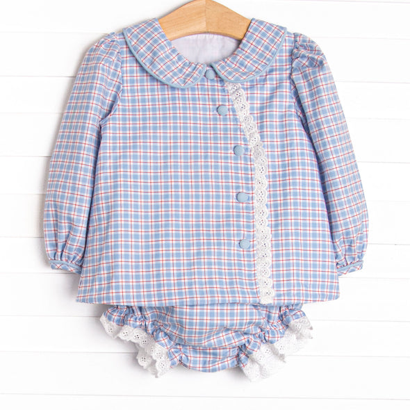 Bleu: Frances Long Sleeve Diaper Set, Blue and Red Plaid