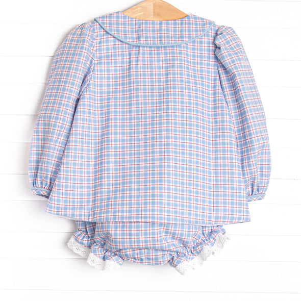 Bleu: Frances Long Sleeve Diaper Set, Blue and Red Plaid