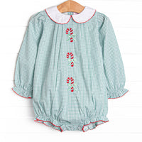 This bubble features a sage green gingham, a peter pan collar, and candy cane embroideries.