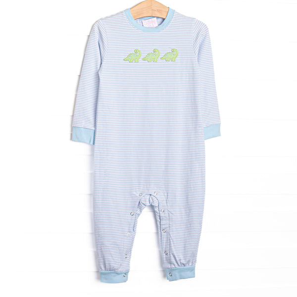  This romper features a blue striped fabric, dinosaur appliques, and snaps along the stride to make changing a breeze. 
