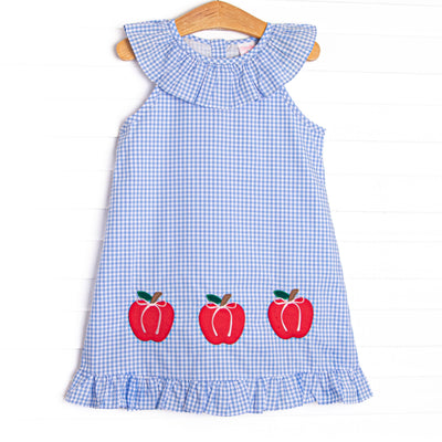 Apples to Apples Applique Ruffle Dress, Blue