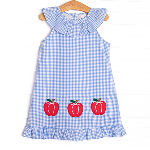 Apples to Apples Applique Ruffle Dress, Blue