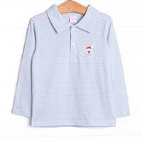 This polo features soft blue stripes, polo collar, and a Santa applique.
