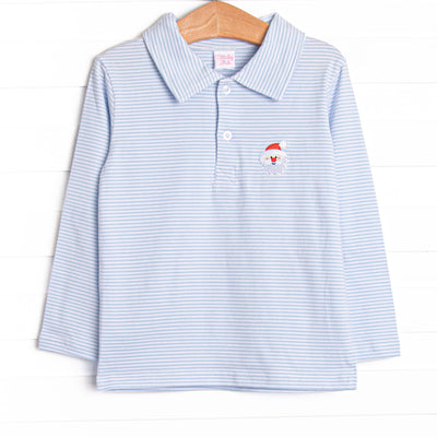 This polo features soft blue stripes, polo collar, and a Santa applique.
