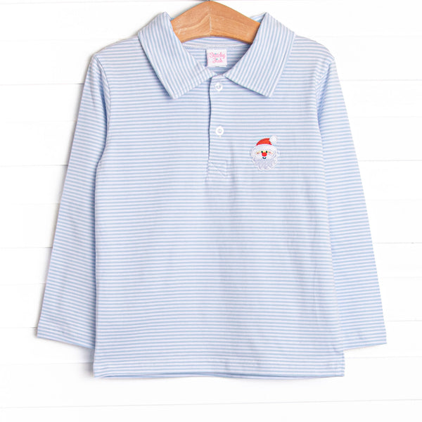 This polo features soft blue stripes, polo collar, and a Santa applique.