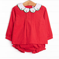 This set features a red corduroy, holly leaf embroidered collar, and matching diaper cover.